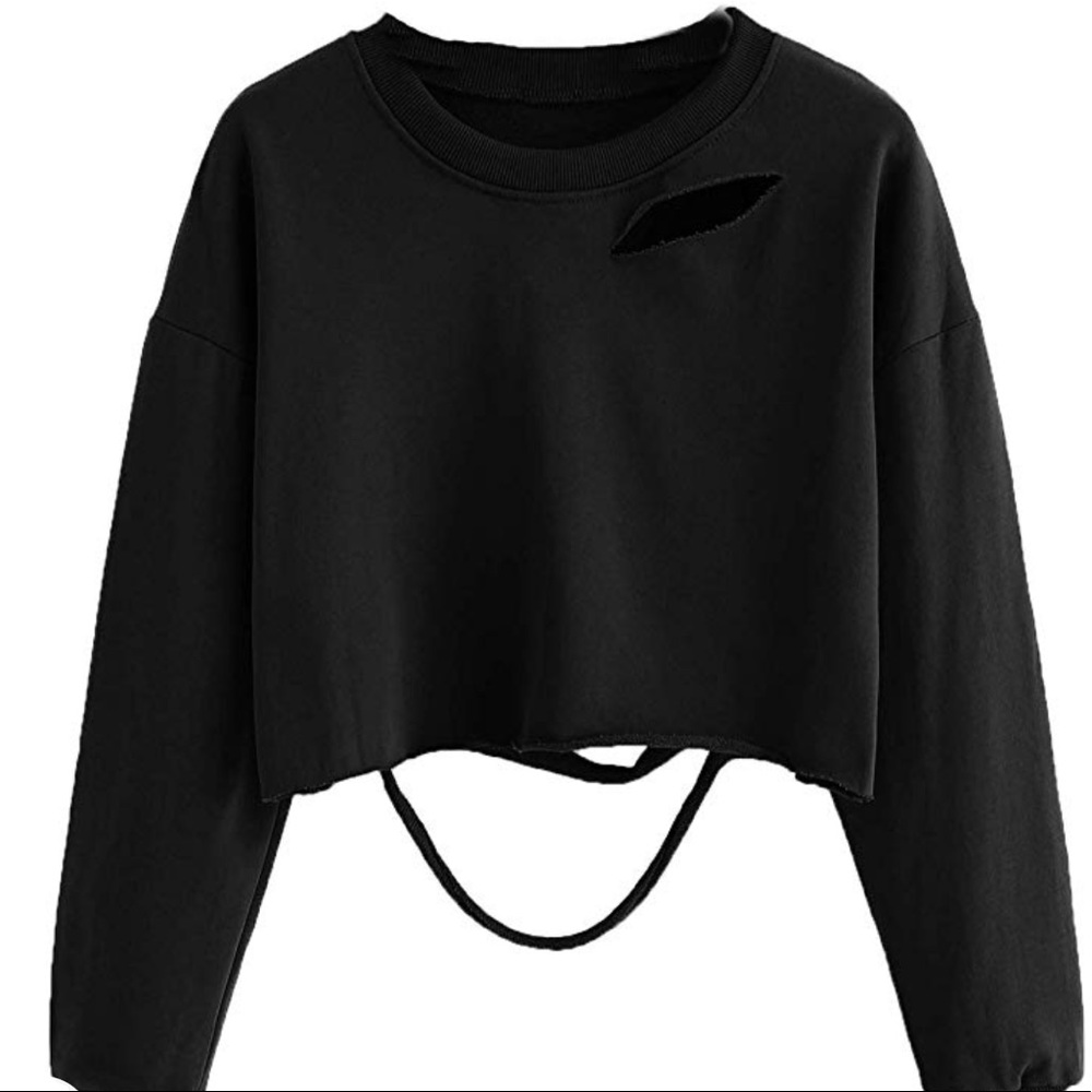 NEW Distressed Boxy Crop Black Long Sleeve S-3X - Picture 4 of 4